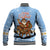 Argentina Christmas Baseball Jacket with Blue-White Snowflake Pattern, Sun Emblem, and Gaucho Santa Riding Horse Motif - Wonder Print Shop