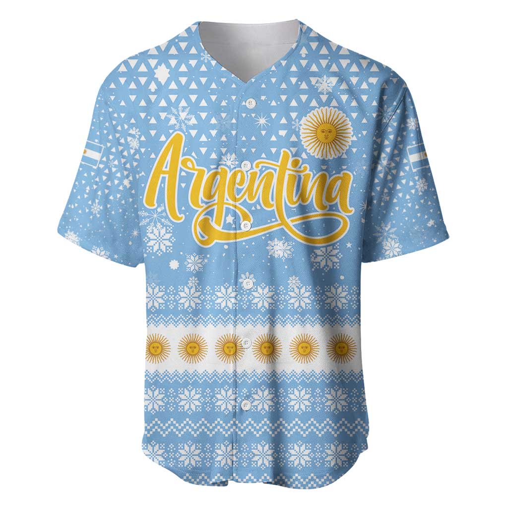 Argentina Christmas Baseball Jersey with Blue-White Snowflake Pattern, Sun Emblem, and Gaucho Santa Riding Horse Motif - Wonder Print Shop
