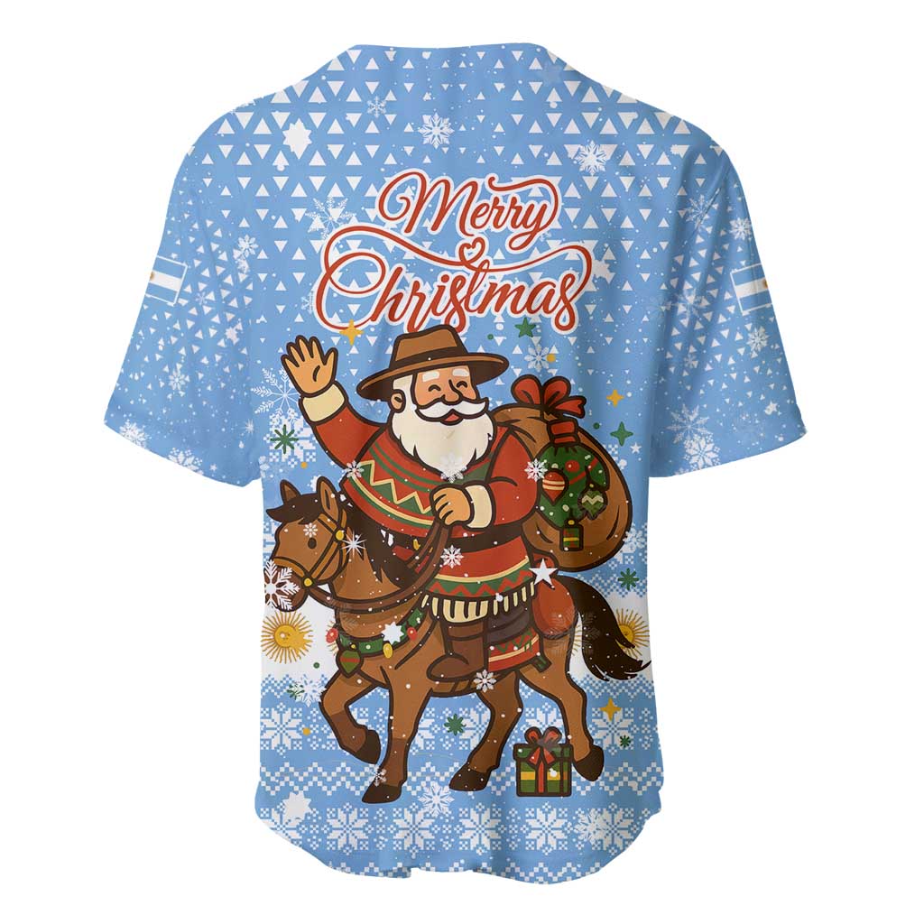 Argentina Christmas Baseball Jersey with Blue-White Snowflake Pattern, Sun Emblem, and Gaucho Santa Riding Horse Motif - Wonder Print Shop