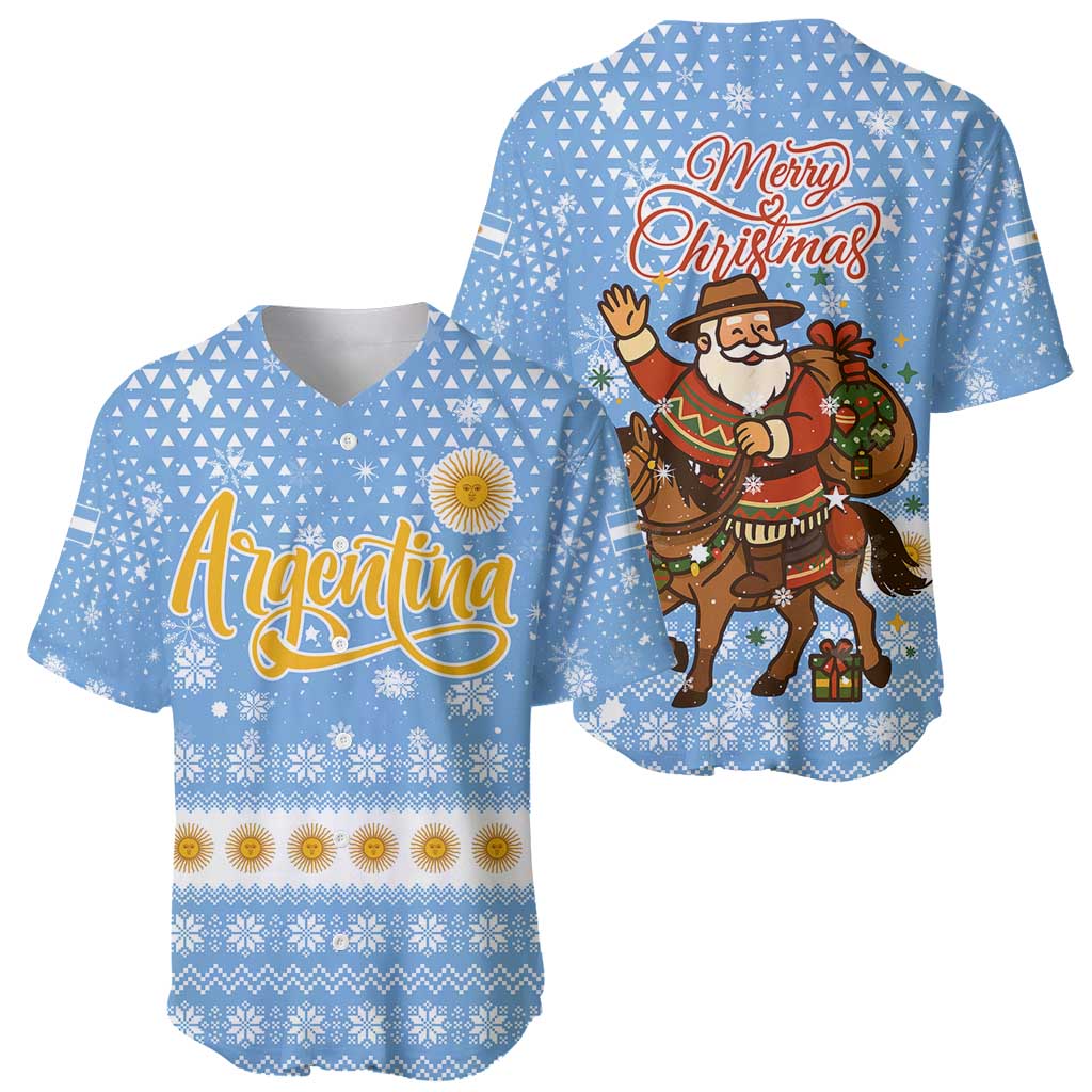 Argentina Christmas Baseball Jersey with Blue-White Snowflake Pattern, Sun Emblem, and Gaucho Santa Riding Horse Motif - Wonder Print Shop