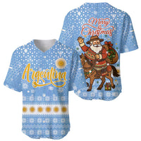 Argentina Christmas Baseball Jersey with Blue-White Snowflake Pattern, Sun Emblem, and Gaucho Santa Riding Horse Motif - Wonder Print Shop