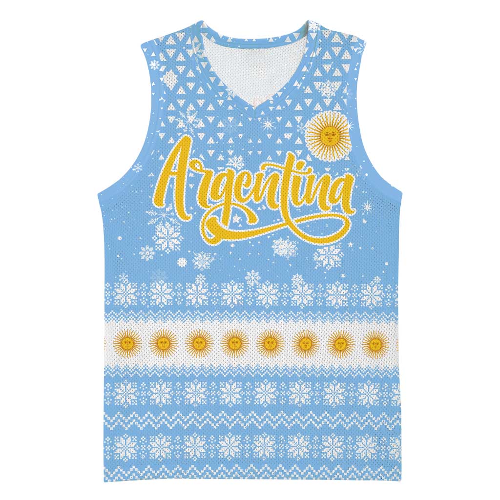Argentina Christmas Basketball Jersey with Blue-White Snowflake Pattern, Sun Emblem, and Gaucho Santa Riding Horse Motif - Wonder Print Shop
