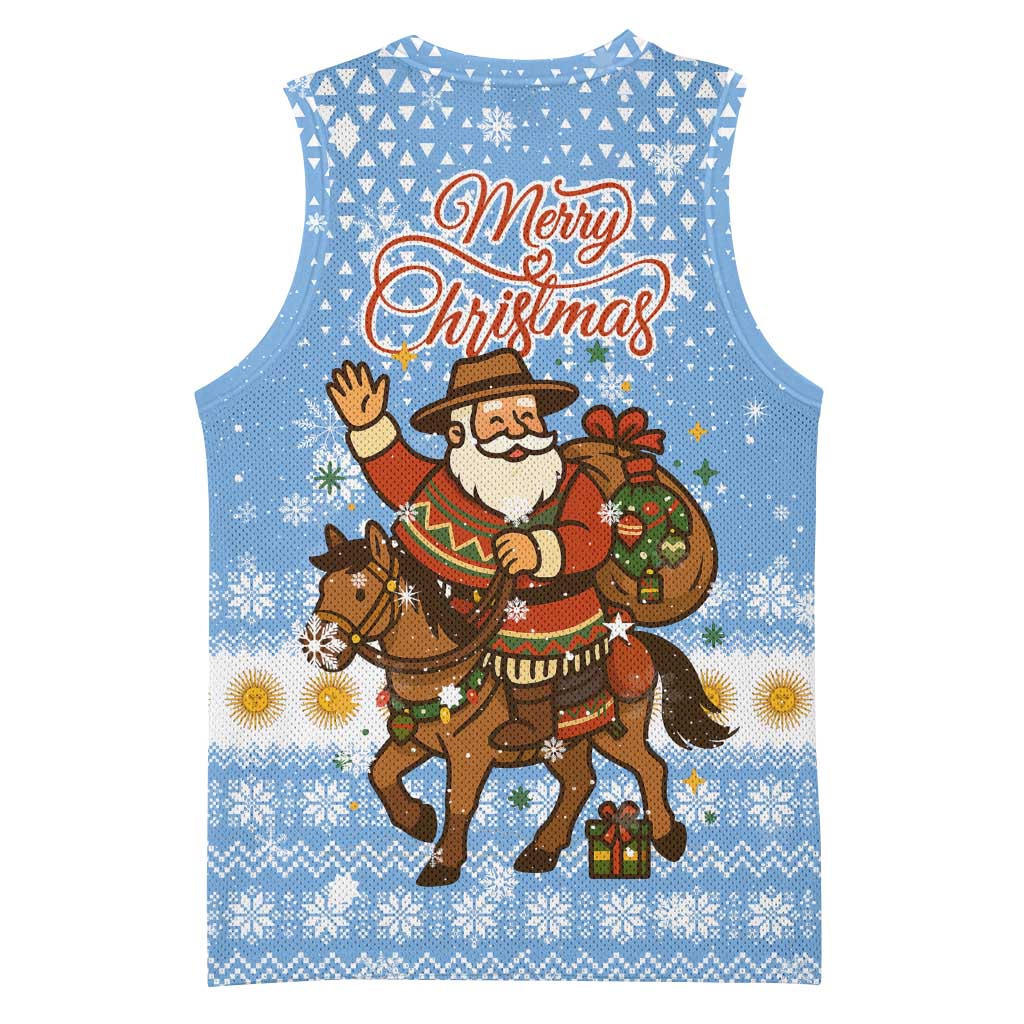Argentina Christmas Basketball Jersey with Blue-White Snowflake Pattern, Sun Emblem, and Gaucho Santa Riding Horse Motif - Wonder Print Shop