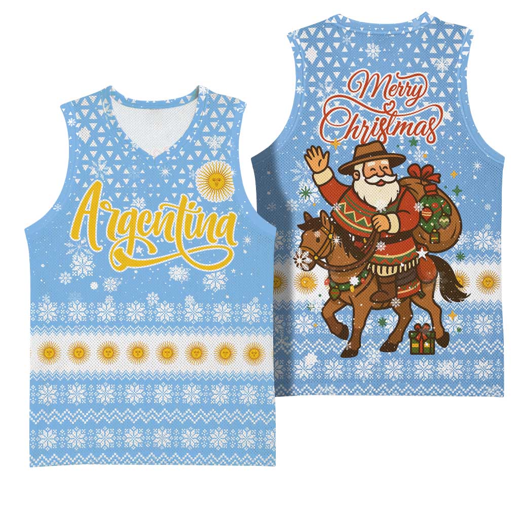 Argentina Christmas Basketball Jersey with Blue-White Snowflake Pattern, Sun Emblem, and Gaucho Santa Riding Horse Motif - Wonder Print Shop