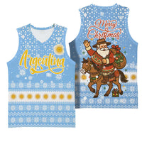 Argentina Christmas Basketball Jersey with Blue-White Snowflake Pattern, Sun Emblem, and Gaucho Santa Riding Horse Motif - Wonder Print Shop