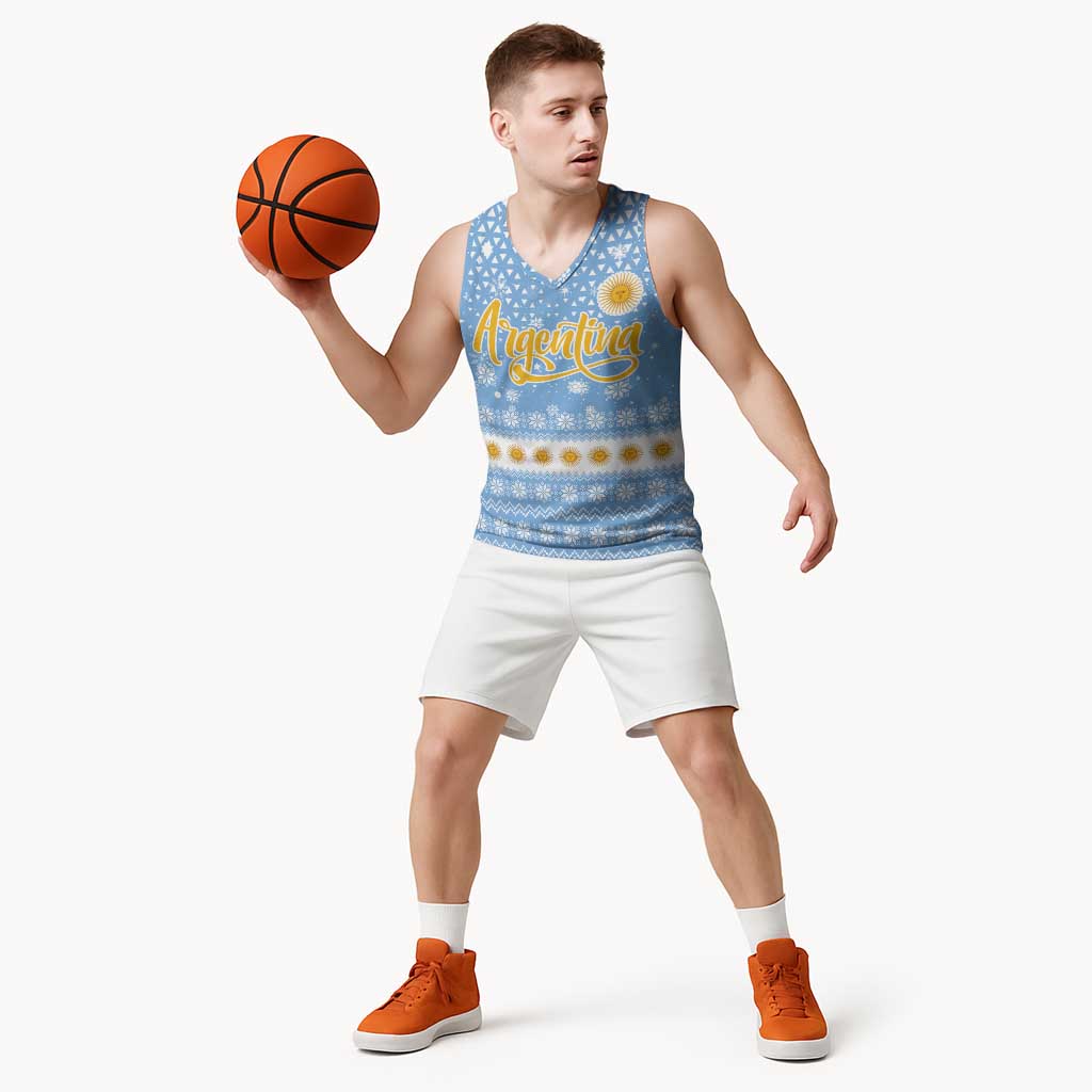 Argentina Christmas Basketball Jersey with Blue-White Snowflake Pattern, Sun Emblem, and Gaucho Santa Riding Horse Motif - Wonder Print Shop