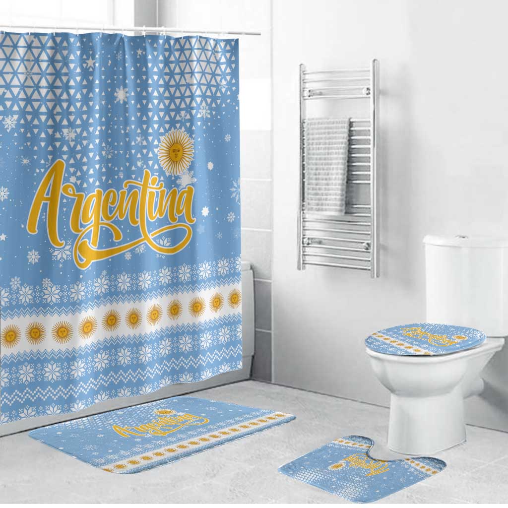 Argentina Christmas Bathroom Set with Blue-White Snowflake Pattern, Sun Emblem, and Gaucho Santa Riding Horse Motif - Wonder Print Shop