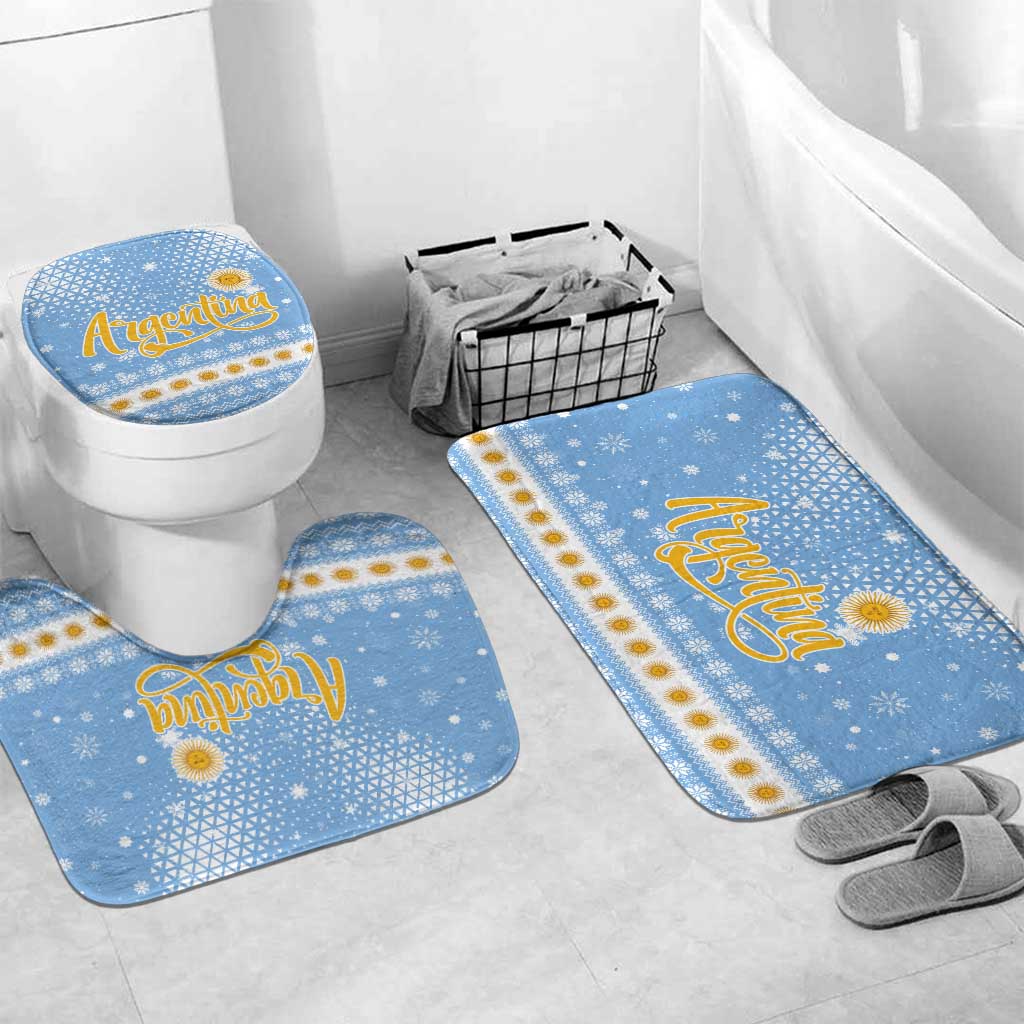 Argentina Christmas Bathroom Set with Blue-White Snowflake Pattern, Sun Emblem, and Gaucho Santa Riding Horse Motif - Wonder Print Shop