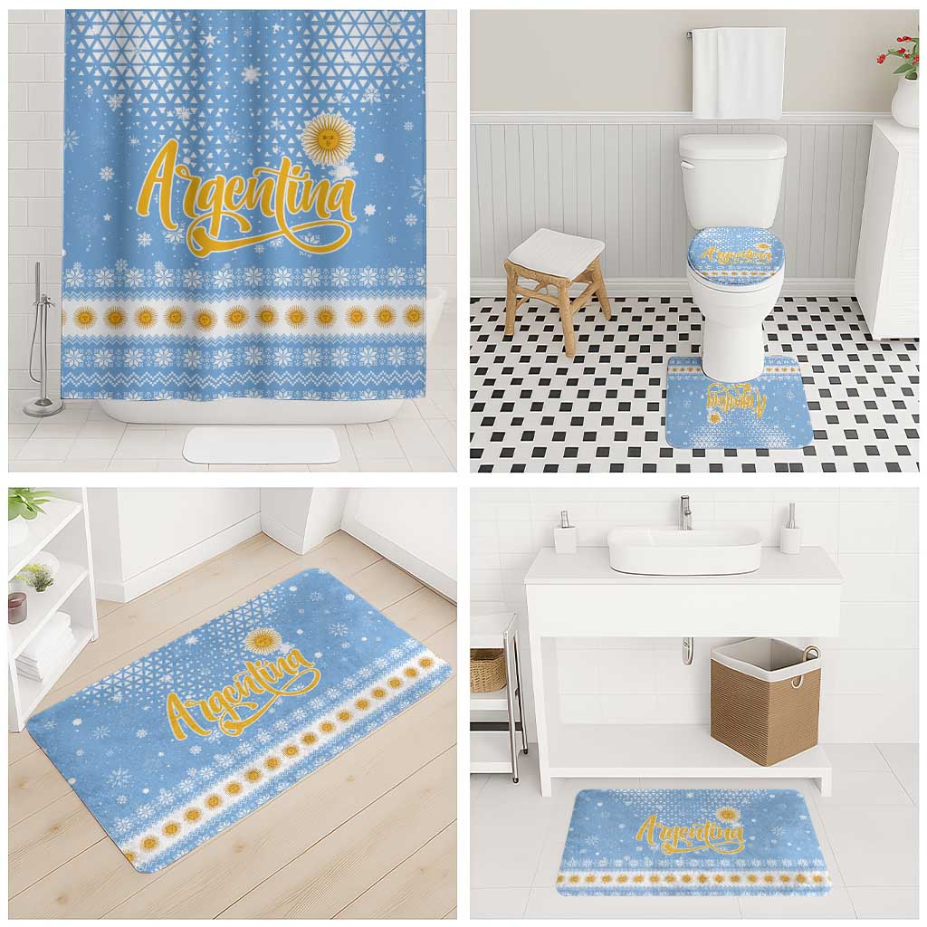 Argentina Christmas Bathroom Set with Blue-White Snowflake Pattern, Sun Emblem, and Gaucho Santa Riding Horse Motif - Wonder Print Shop