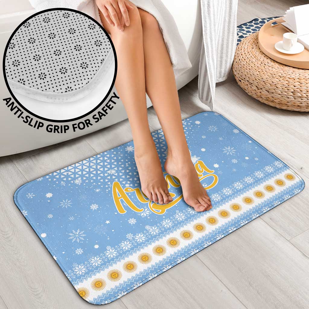 Argentina Christmas Bathroom Set with Blue-White Snowflake Pattern, Sun Emblem, and Gaucho Santa Riding Horse Motif - Wonder Print Shop