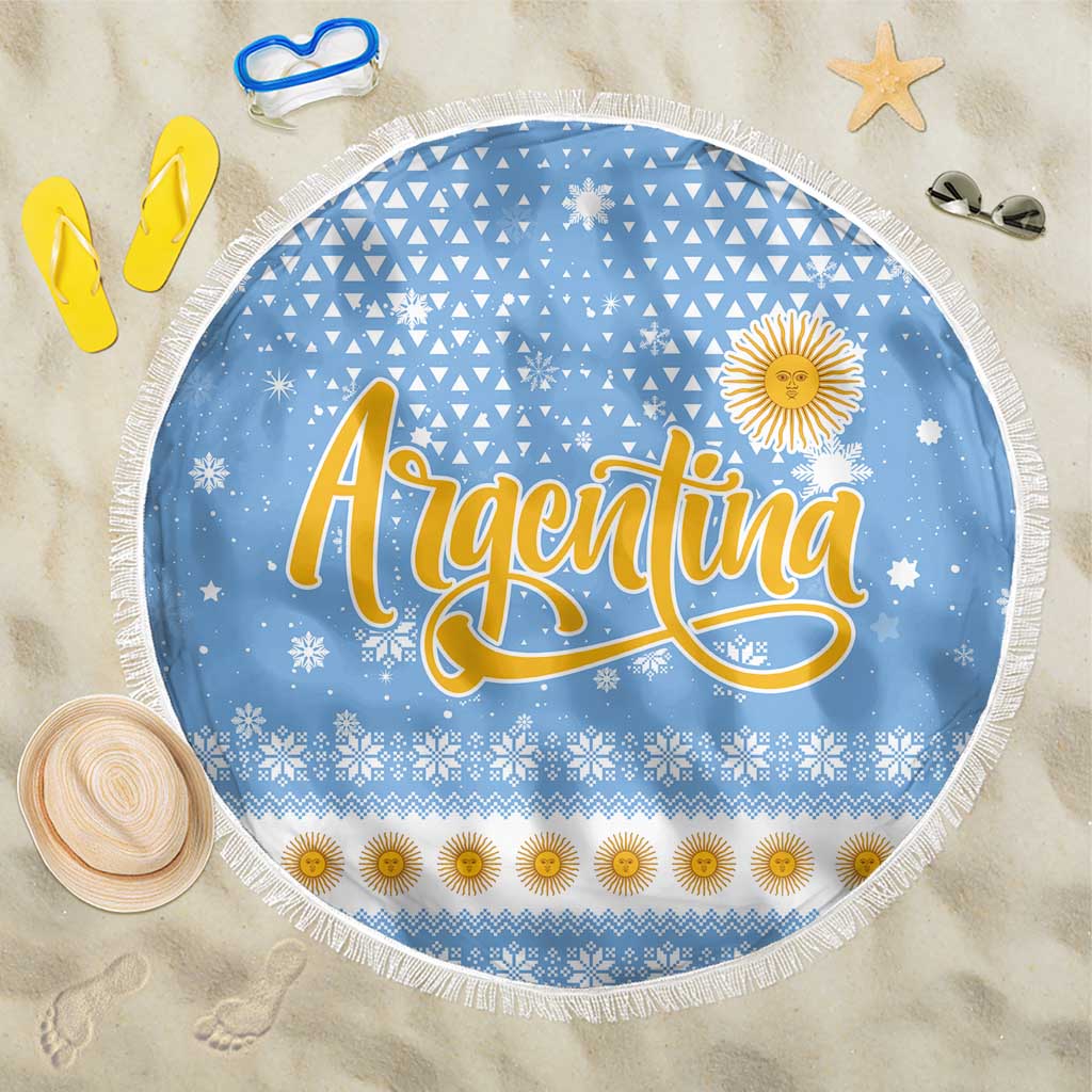 Argentina Christmas Beach Blanket with Blue-White Snowflake Pattern, Sun Emblem, and Gaucho Santa Riding Horse Motif - Wonder Print Shop