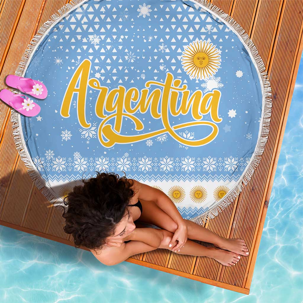 Argentina Christmas Beach Blanket with Blue-White Snowflake Pattern, Sun Emblem, and Gaucho Santa Riding Horse Motif - Wonder Print Shop