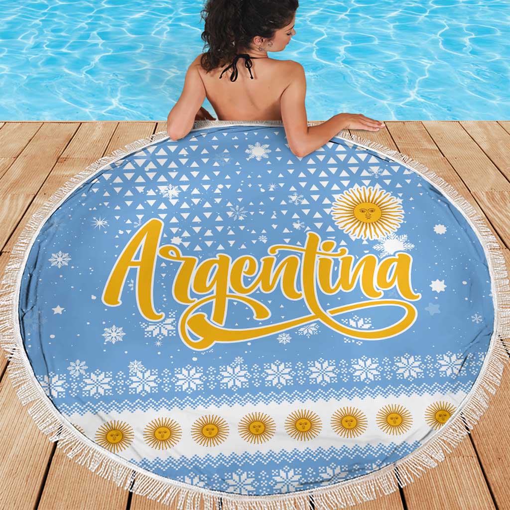 Argentina Christmas Beach Blanket with Blue-White Snowflake Pattern, Sun Emblem, and Gaucho Santa Riding Horse Motif - Wonder Print Shop