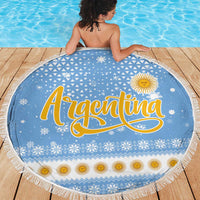 Argentina Christmas Beach Blanket with Blue-White Snowflake Pattern, Sun Emblem, and Gaucho Santa Riding Horse Motif - Wonder Print Shop