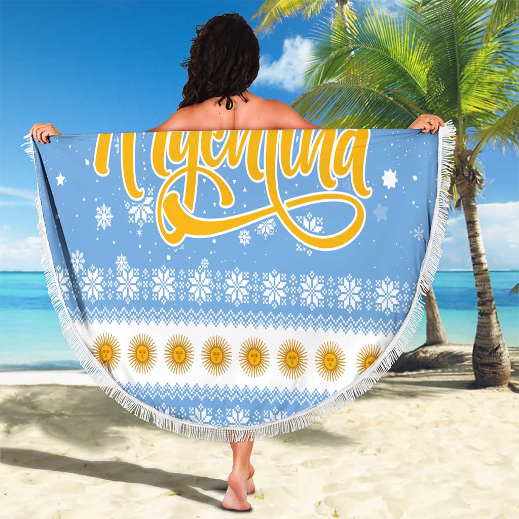 Argentina Christmas Beach Blanket with Blue-White Snowflake Pattern, Sun Emblem, and Gaucho Santa Riding Horse Motif - Wonder Print Shop