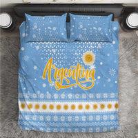 Argentina Christmas Bedding Set with Blue-White Snowflake Pattern, Sun Emblem, and Gaucho Santa Riding Horse Motif - Wonder Print Shop