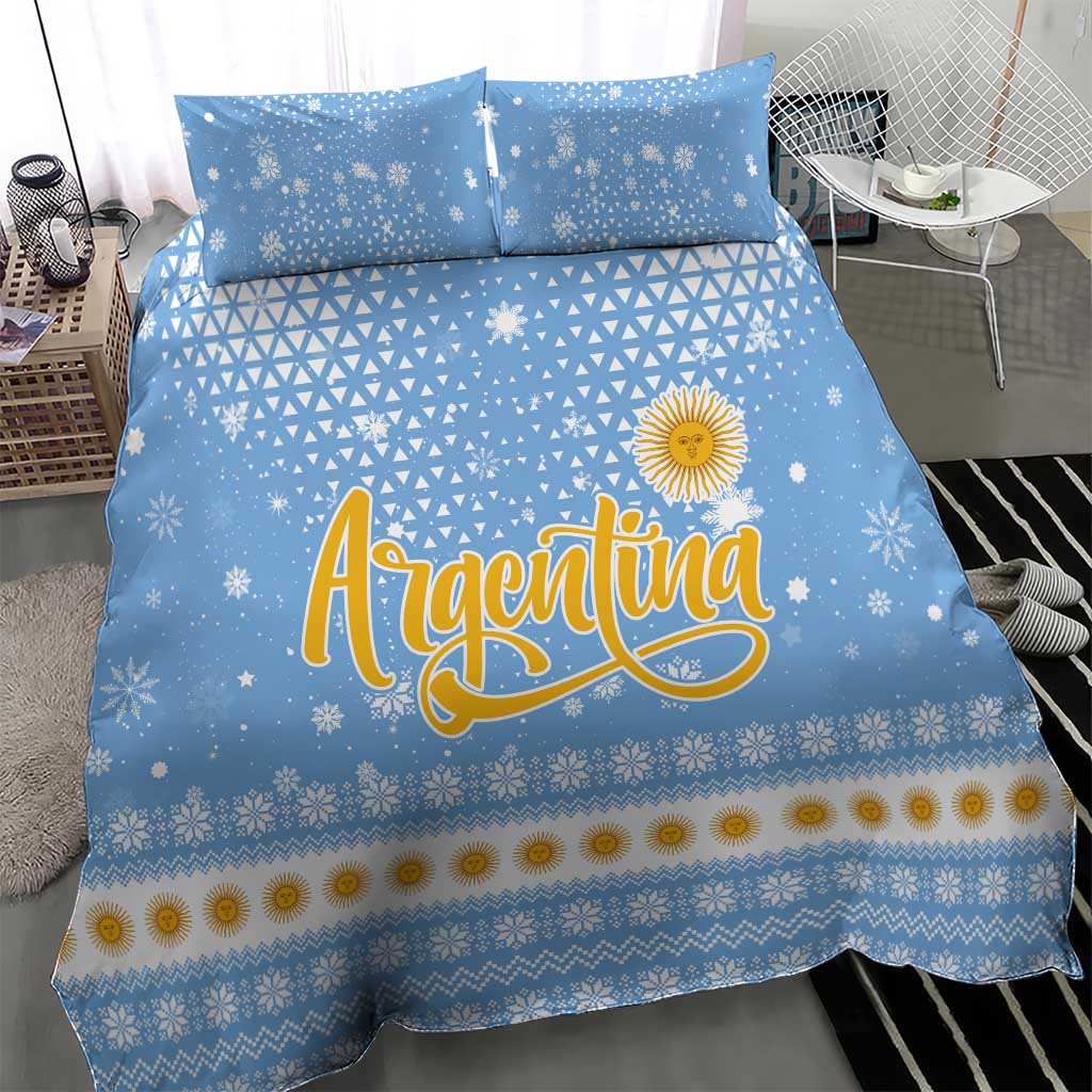 Argentina Christmas Bedding Set with Blue-White Snowflake Pattern, Sun Emblem, and Gaucho Santa Riding Horse Motif - Wonder Print Shop