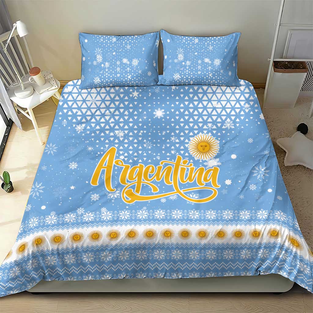 Argentina Christmas Bedding Set with Blue-White Snowflake Pattern, Sun Emblem, and Gaucho Santa Riding Horse Motif - Wonder Print Shop