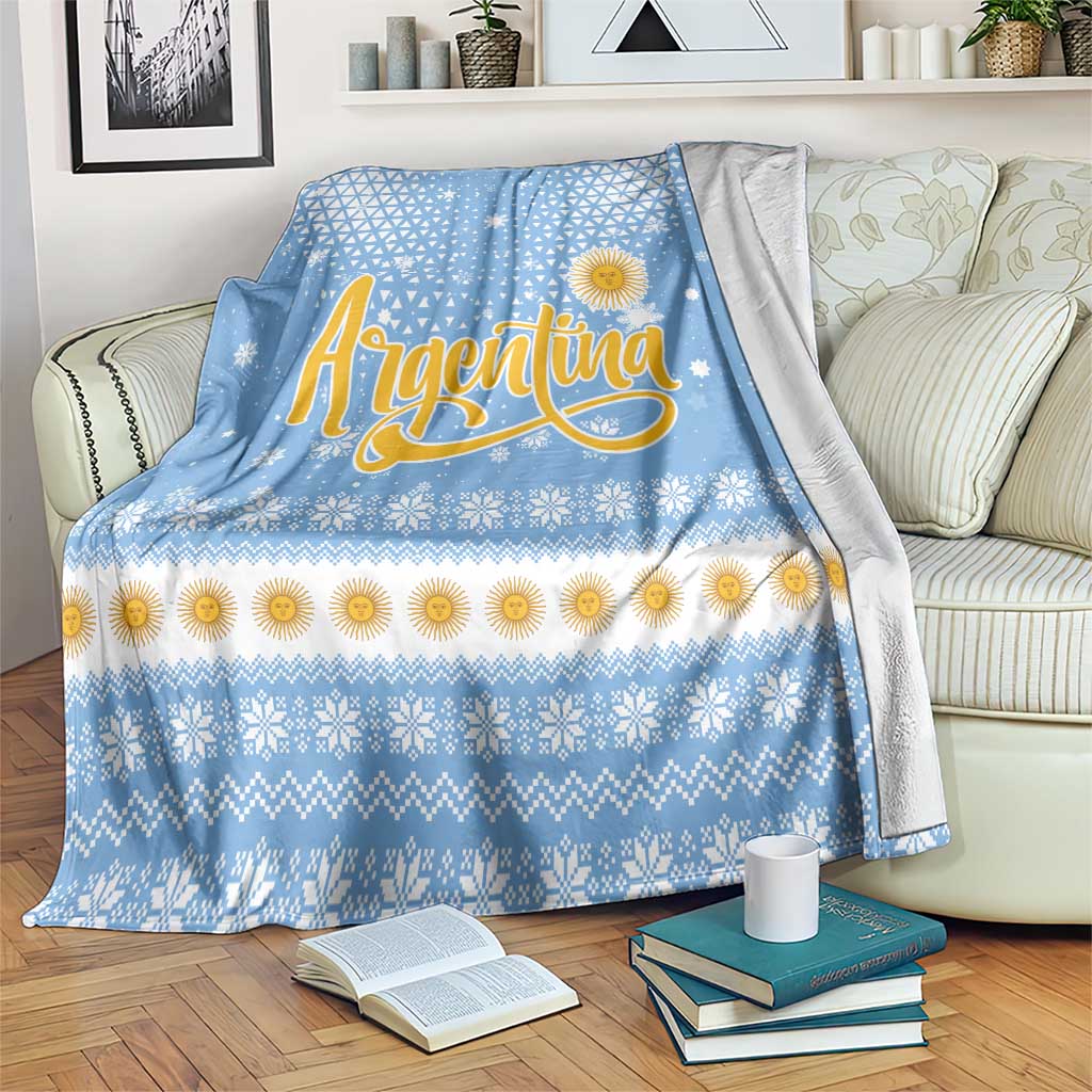 Argentina Christmas Blanket with Blue-White Snowflake Pattern, Sun Emblem, and Gaucho Santa Riding Horse Motif - Wonder Print Shop