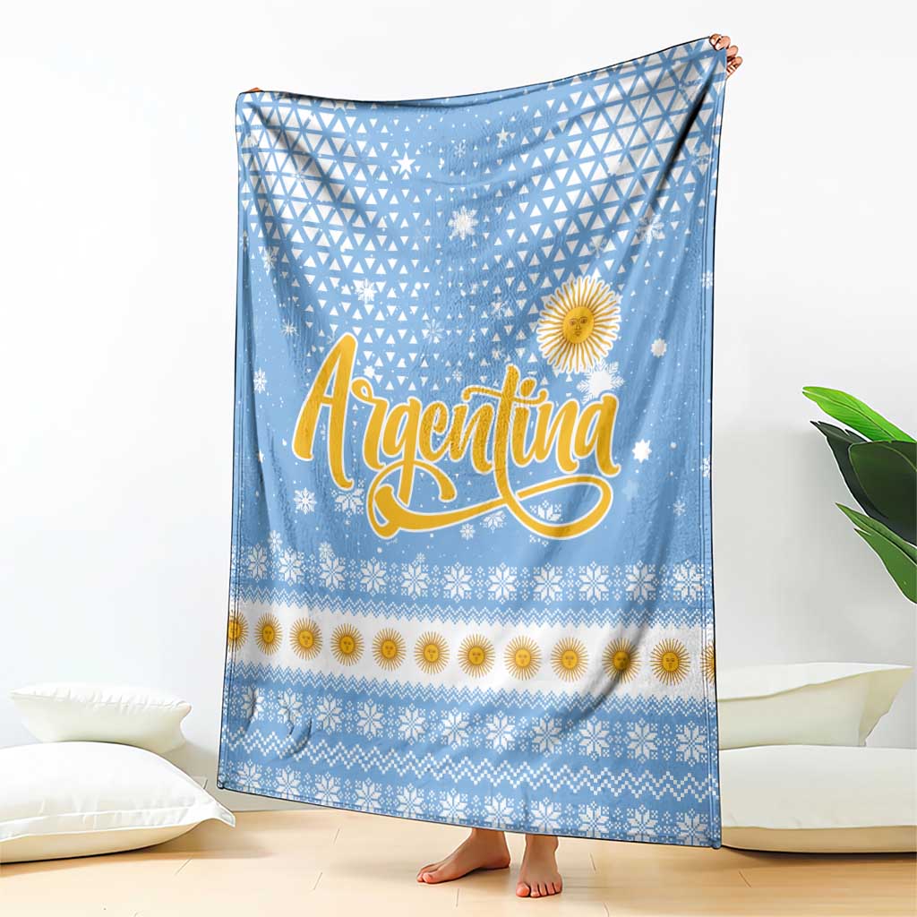 Argentina Christmas Blanket with Blue-White Snowflake Pattern, Sun Emblem, and Gaucho Santa Riding Horse Motif - Wonder Print Shop