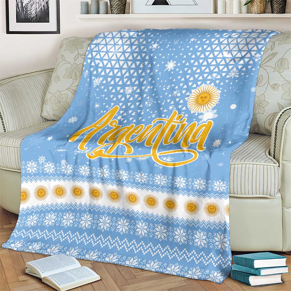 Argentina Christmas Blanket with Blue-White Snowflake Pattern, Sun Emblem, and Gaucho Santa Riding Horse Motif - Wonder Print Shop