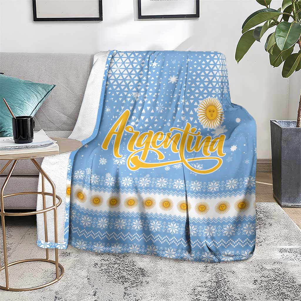 Argentina Christmas Blanket with Blue-White Snowflake Pattern, Sun Emblem, and Gaucho Santa Riding Horse Motif - Wonder Print Shop