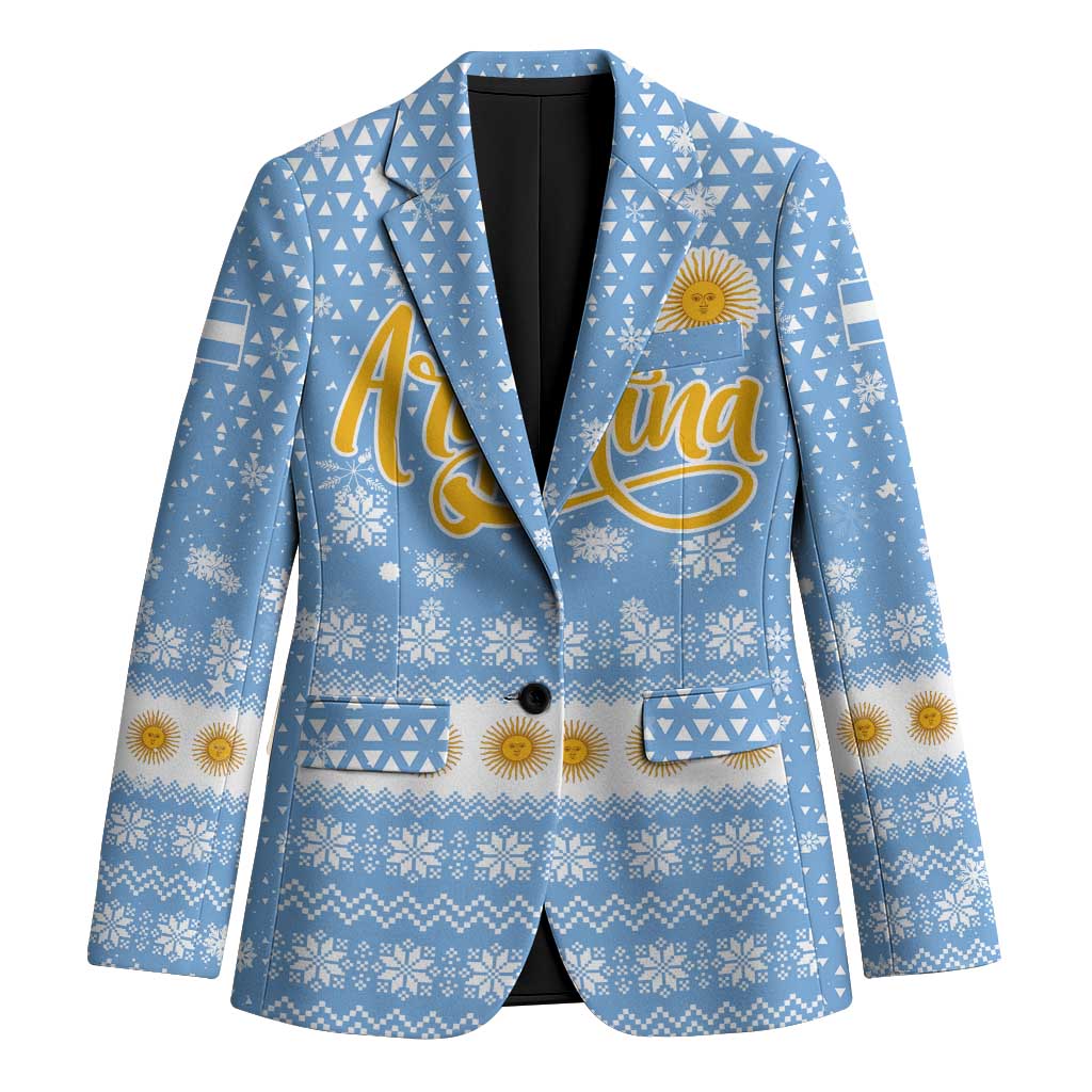 Argentina Christmas Blazer with Blue-White Snowflake Pattern, Sun Emblem, and Gaucho Santa Riding Horse Motif - Wonder Print Shop