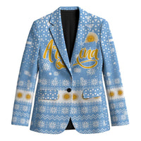 Argentina Christmas Blazer with Blue-White Snowflake Pattern, Sun Emblem, and Gaucho Santa Riding Horse Motif - Wonder Print Shop