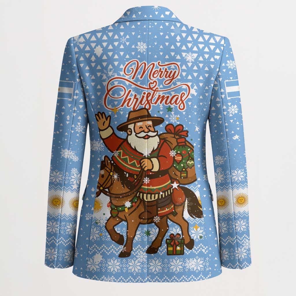 Argentina Christmas Blazer with Blue-White Snowflake Pattern, Sun Emblem, and Gaucho Santa Riding Horse Motif - Wonder Print Shop
