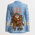 Argentina Christmas Blazer with Blue-White Snowflake Pattern, Sun Emblem, and Gaucho Santa Riding Horse Motif - Wonder Print Shop