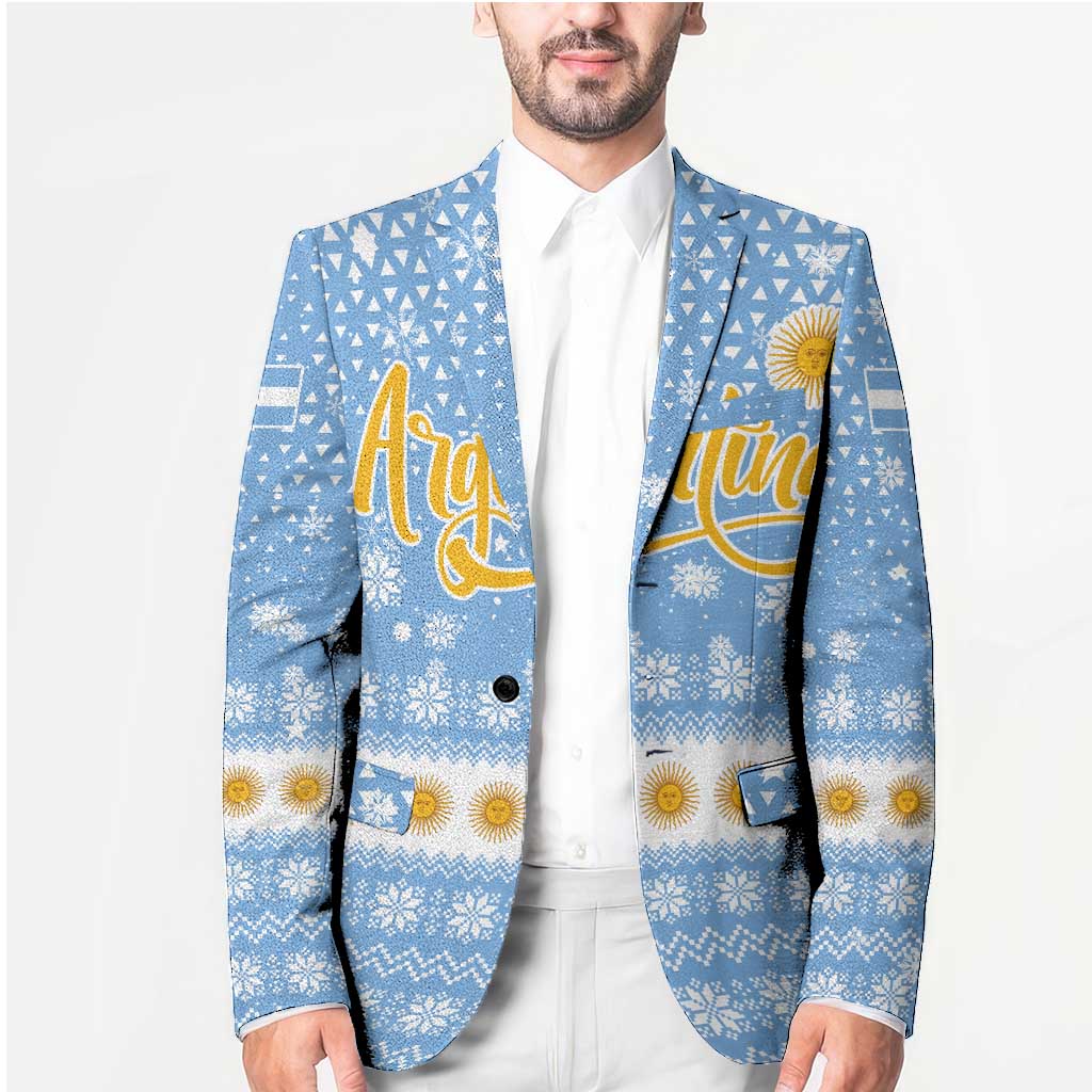 Argentina Christmas Blazer with Blue-White Snowflake Pattern, Sun Emblem, and Gaucho Santa Riding Horse Motif - Wonder Print Shop