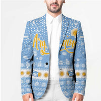 Argentina Christmas Blazer with Blue-White Snowflake Pattern, Sun Emblem, and Gaucho Santa Riding Horse Motif - Wonder Print Shop