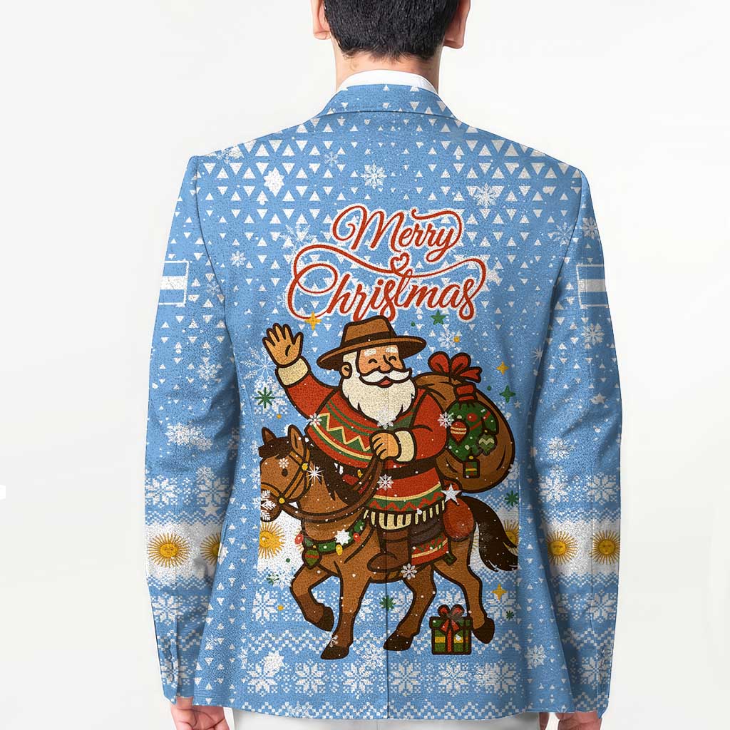 Argentina Christmas Blazer with Blue-White Snowflake Pattern, Sun Emblem, and Gaucho Santa Riding Horse Motif - Wonder Print Shop