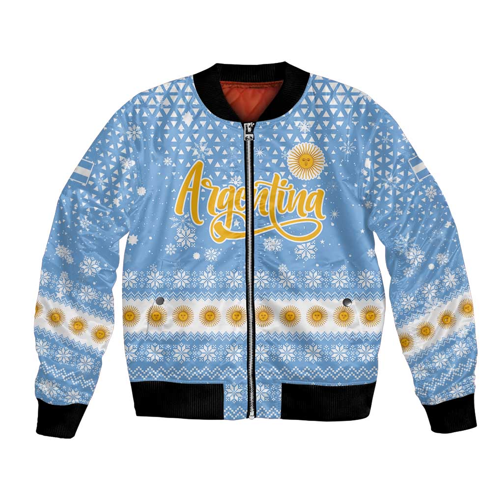 Argentina Christmas Bomber Jacket with Blue-White Snowflake Pattern, Sun Emblem, and Gaucho Santa Riding Horse Motif - Wonder Print Shop