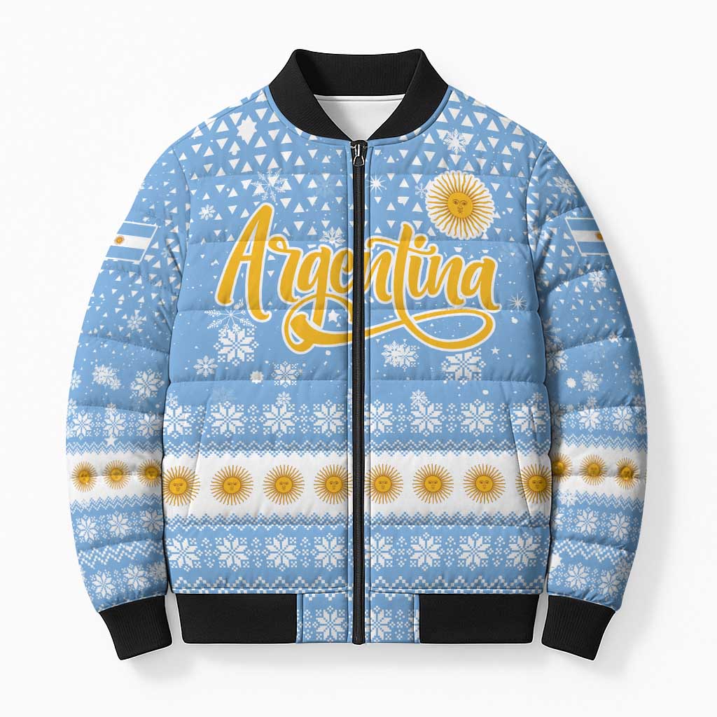 Argentina Christmas Bomber Puffer Jacket with Blue-White Snowflake Pattern, Sun Emblem, and Gaucho Santa Riding Horse Motif - Wonder Print Shop