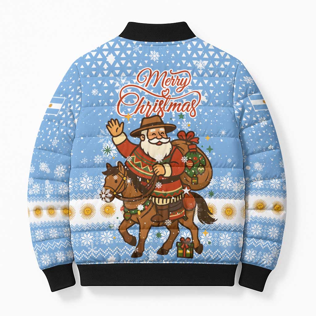 Argentina Christmas Bomber Puffer Jacket with Blue-White Snowflake Pattern, Sun Emblem, and Gaucho Santa Riding Horse Motif - Wonder Print Shop