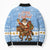 Argentina Christmas Bomber Puffer Jacket with Blue-White Snowflake Pattern, Sun Emblem, and Gaucho Santa Riding Horse Motif - Wonder Print Shop