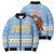 Argentina Christmas Bomber Puffer Jacket with Blue-White Snowflake Pattern, Sun Emblem, and Gaucho Santa Riding Horse Motif - Wonder Print Shop
