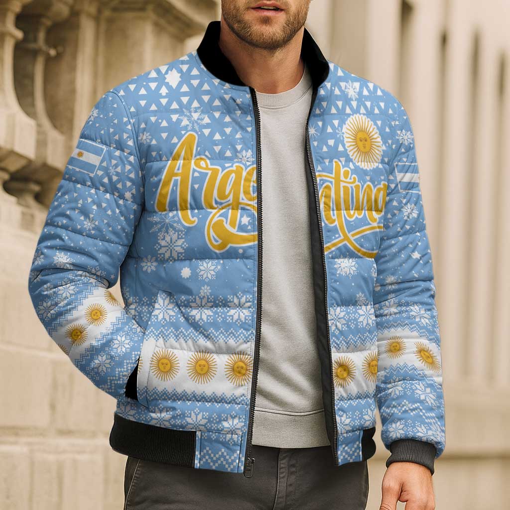 Argentina Christmas Bomber Puffer Jacket with Blue-White Snowflake Pattern, Sun Emblem, and Gaucho Santa Riding Horse Motif - Wonder Print Shop