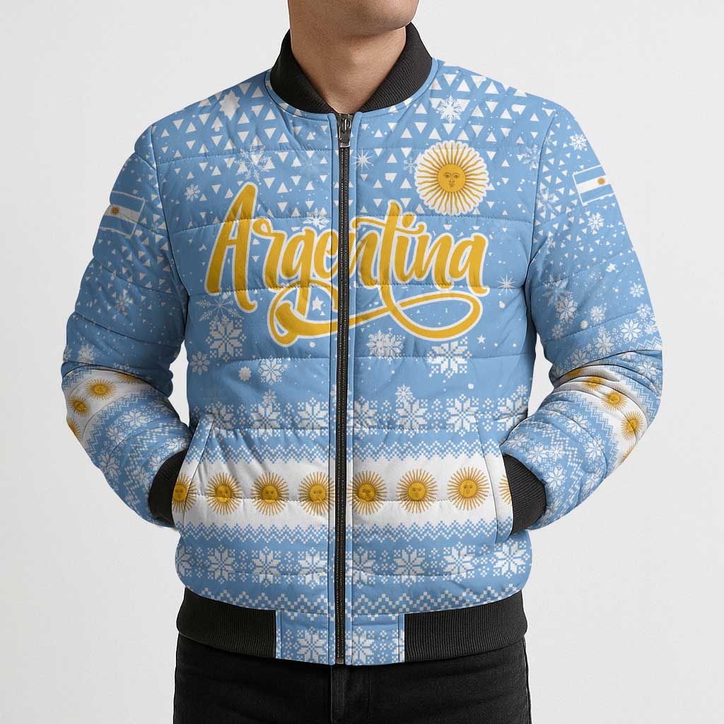 Argentina Christmas Bomber Puffer Jacket with Blue-White Snowflake Pattern, Sun Emblem, and Gaucho Santa Riding Horse Motif - Wonder Print Shop