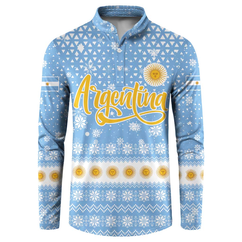 Argentina Christmas Button Sweatshirt with Blue-White Snowflake Pattern, Sun Emblem, and Gaucho Santa Riding Horse Motif - Wonder Print Shop