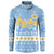 Argentina Christmas Button Sweatshirt with Blue-White Snowflake Pattern, Sun Emblem, and Gaucho Santa Riding Horse Motif - Wonder Print Shop