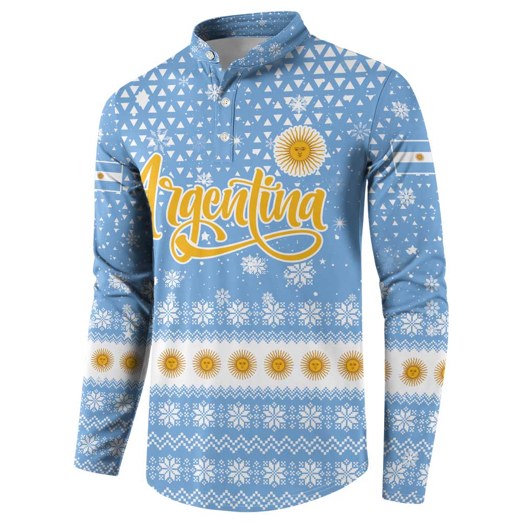 Argentina Christmas Button Sweatshirt with Blue-White Snowflake Pattern, Sun Emblem, and Gaucho Santa Riding Horse Motif - Wonder Print Shop