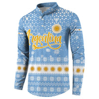 Argentina Christmas Button Sweatshirt with Blue-White Snowflake Pattern, Sun Emblem, and Gaucho Santa Riding Horse Motif - Wonder Print Shop
