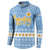 Argentina Christmas Button Sweatshirt with Blue-White Snowflake Pattern, Sun Emblem, and Gaucho Santa Riding Horse Motif - Wonder Print Shop