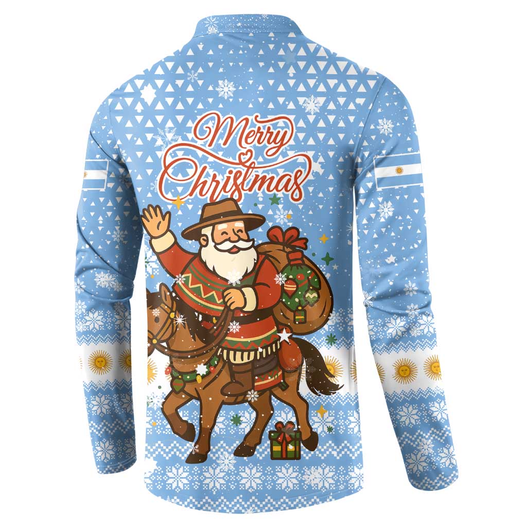 Argentina Christmas Button Sweatshirt with Blue-White Snowflake Pattern, Sun Emblem, and Gaucho Santa Riding Horse Motif - Wonder Print Shop