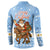 Argentina Christmas Button Sweatshirt with Blue-White Snowflake Pattern, Sun Emblem, and Gaucho Santa Riding Horse Motif - Wonder Print Shop
