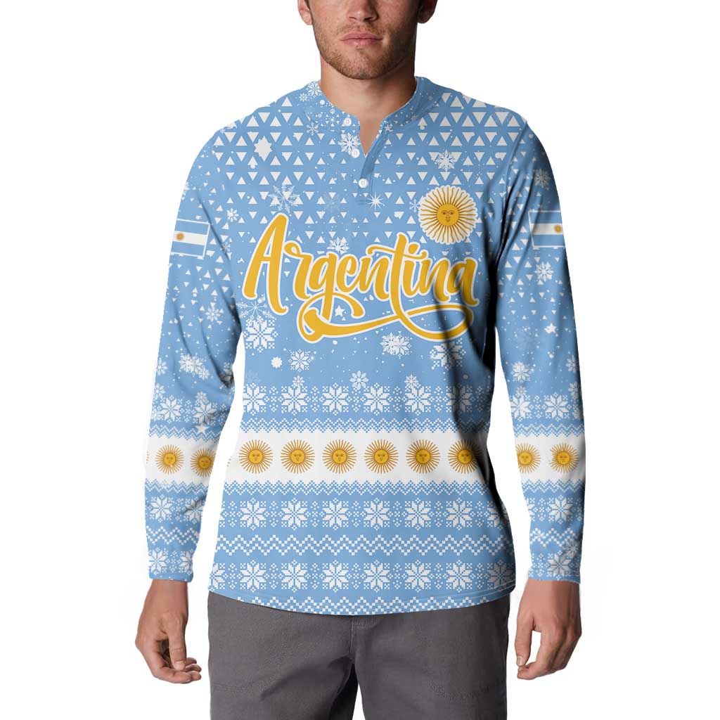 Argentina Christmas Button Sweatshirt with Blue-White Snowflake Pattern, Sun Emblem, and Gaucho Santa Riding Horse Motif - Wonder Print Shop