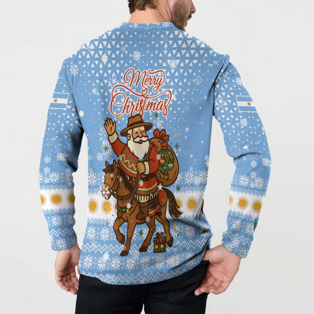 Argentina Christmas Button Sweatshirt with Blue-White Snowflake Pattern, Sun Emblem, and Gaucho Santa Riding Horse Motif - Wonder Print Shop