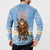 Argentina Christmas Button Sweatshirt with Blue-White Snowflake Pattern, Sun Emblem, and Gaucho Santa Riding Horse Motif - Wonder Print Shop